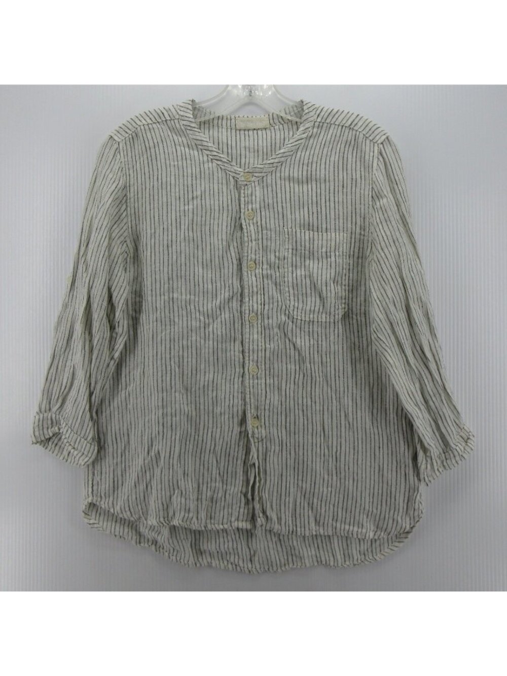 CP Shades Top XS Linen Blouse Striped Roll Tab Band Collar USA Made